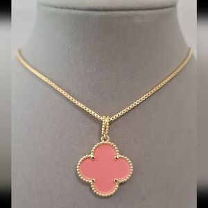Pink enamel four leafs big flower necklace